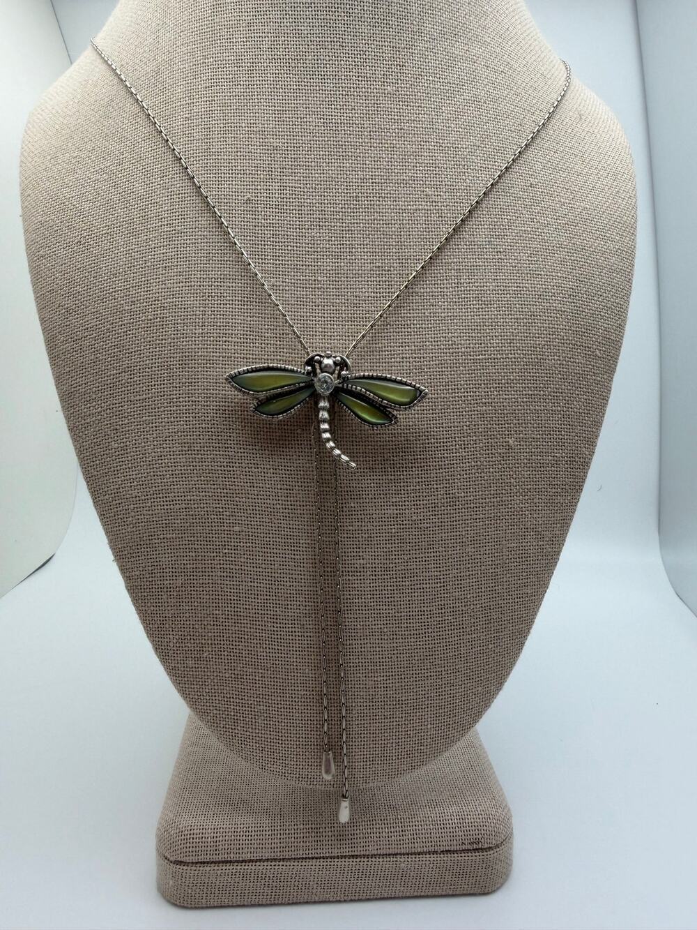 Vintage Green Dragonfly Lariat Slide Necklace 1928 Signed Jewelry bolo